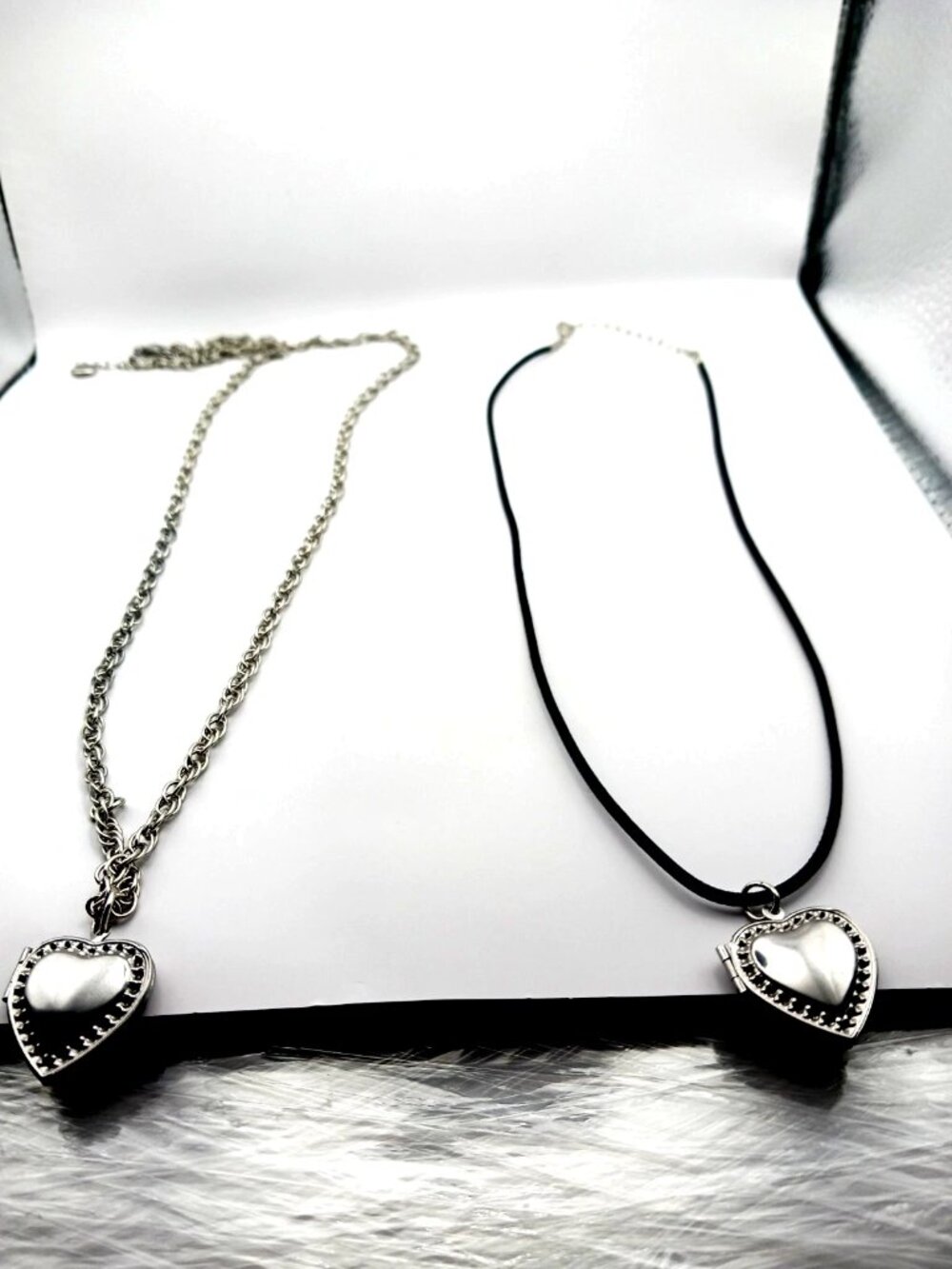 Silvertone Locket Heart Pendant + Silvertone Chain 17 Inches Lot Of TWO